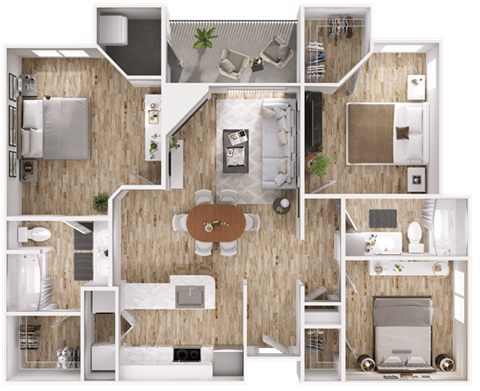 A detailed 3D floor plan of a small apartment.